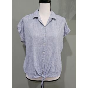 Weatherproof Vintage Medium Washable Linen‎ Blue Short Sleeve Tie Waist Top